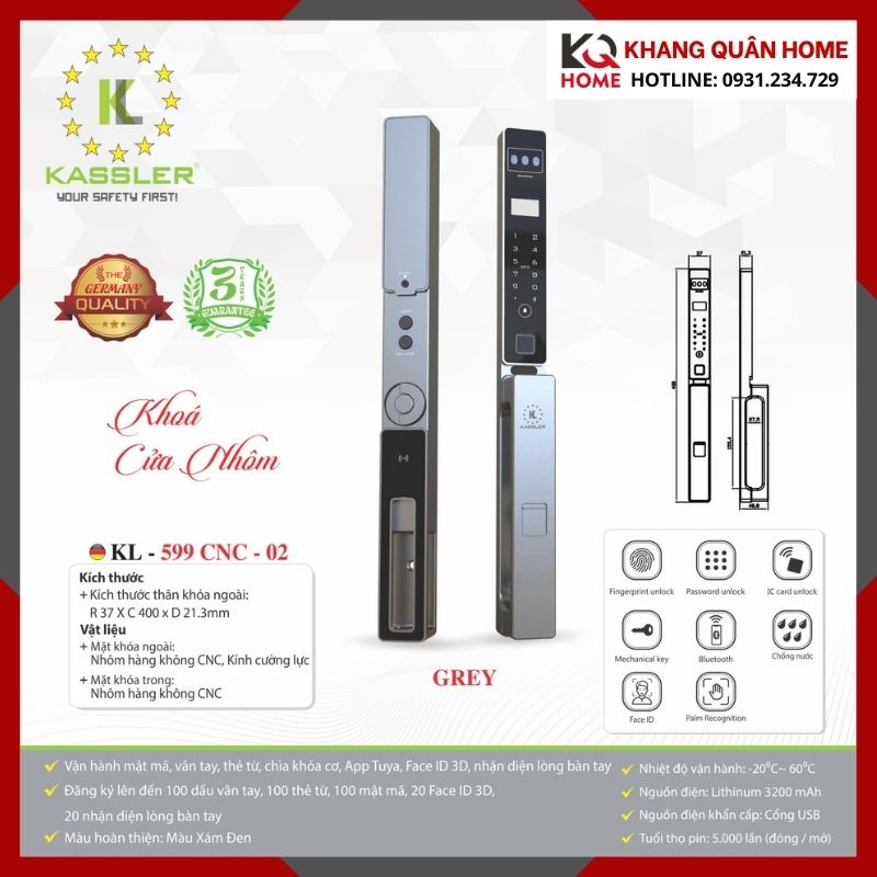 Khóa Điện Tử Cửa Nhôm Kassler KL-599 CNC-02