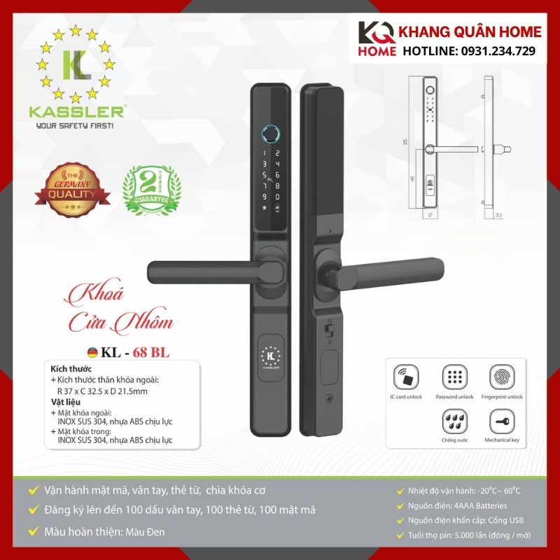 Khóa Điện Tử Cửa Nhôm Kassler KL-68 BL