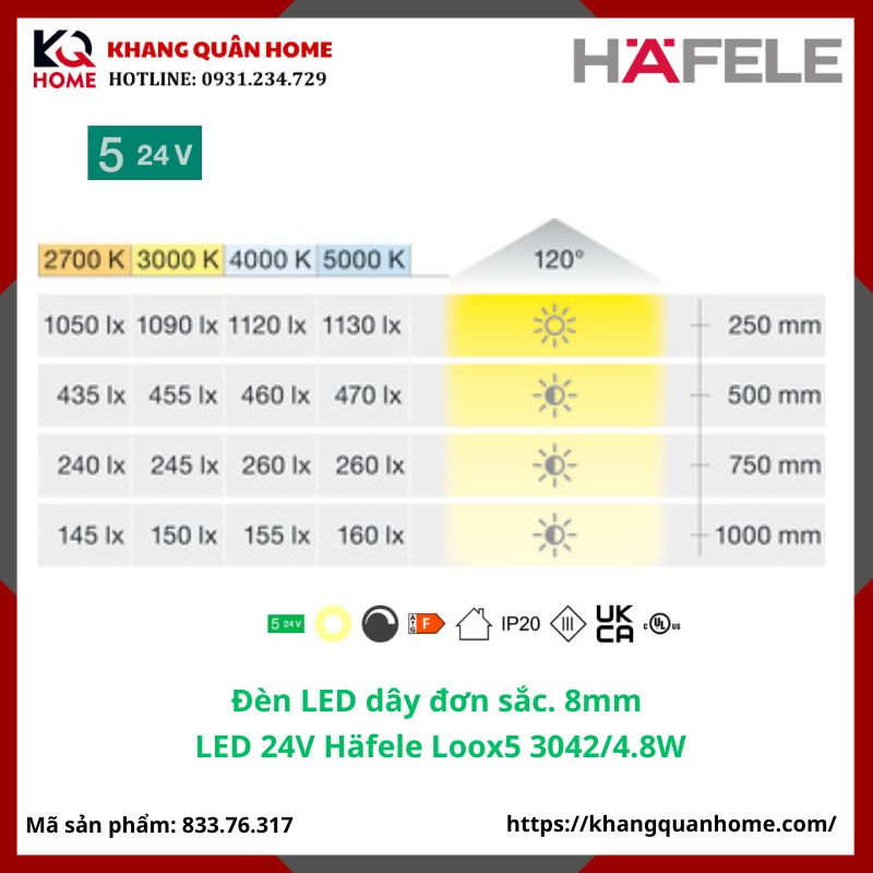 Đèn LED 24V Häfele Loox5 3042 8 mm 3000K 4,8 W/m-833.76.317