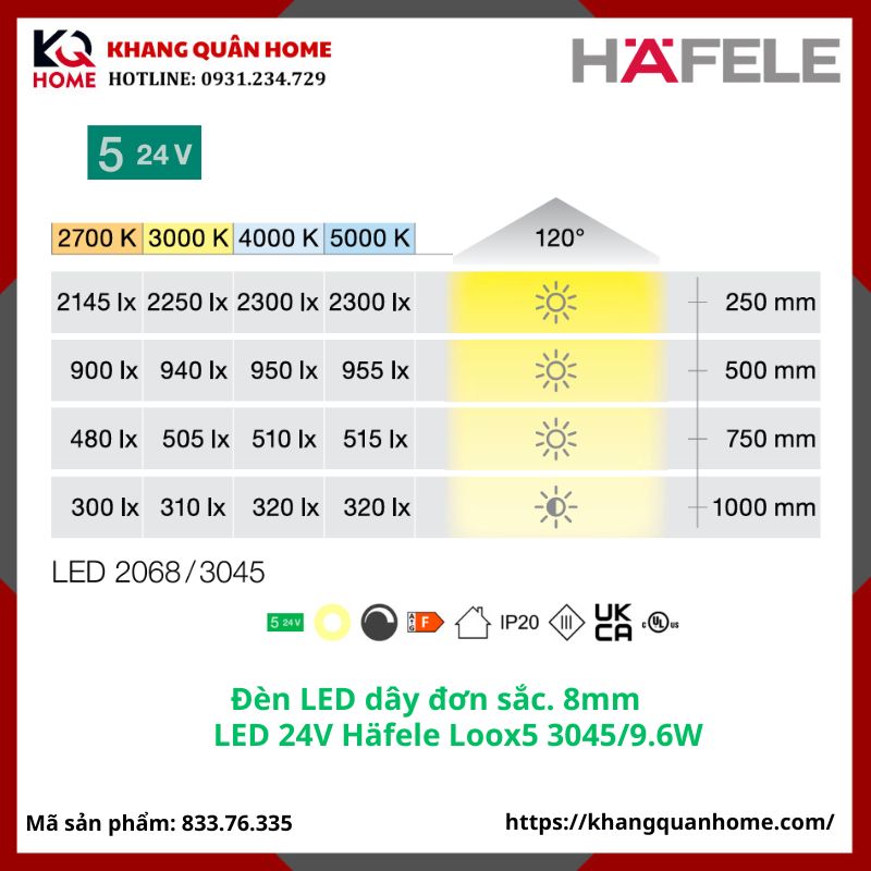 Đèn LED 24V Häfele Loox5 3045 8 mm 3000K 9,6 W/m- 833.76.335