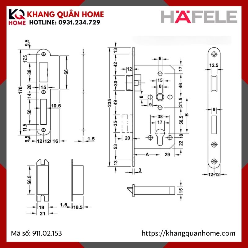 THÂN KHÓA LƯỠI GÀ & CHỐT CHẾT E5572A HAFELE 911.02.153